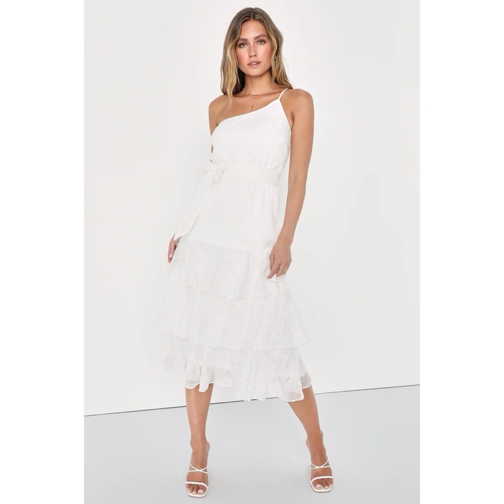 Lulus Gorgeous Impression White Floral One-Shoulder Midi Dress Women's Large